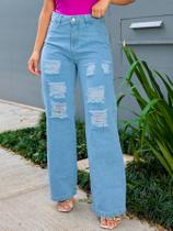 Calça wide leg rasgada jeans claro cintura alta - Donna de Paula