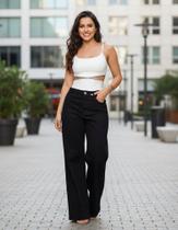 Calça Wide Leg Sarja Feminina Cintura Alta Modeladora