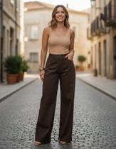 Calça Wide Leg Sarja Feminina Cintura Alta Modeladora Calça Wide Leg Sarja Feminina Cintura Alta Modeladora