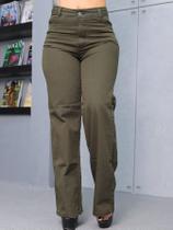 Calça Wide leg verde exercito/musgo jeans feminina cintura alta premium tendencia - 38 - 40 Calça Wide leg verde exercito/musgo jeans feminina cintura alta premium tendencia - 38 - 40