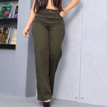 Calça Wide leg verde exercito/musgo jeans feminina cintura alta premium tendencia Calça Wide leg verde exercito/musgo jeans feminina cintura alta premium tendencia