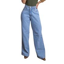 Calça wide lega jeans cintura alta barra grossa pantalona azul escuro