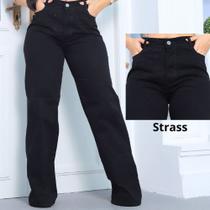 Calça wide Preta com strass/brilho aplicação Cintura alta tendência faraya jeans Calça wide Preta com strass/brilho aplicação Cintura alta tendência faraya jeans