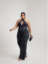 Calça Widleg Plus Size Cintura Alta Feminino Preta Bolso Faca elegante Casual Sensual Festa