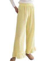 Calça xadrez, codcm, feminina, guingão, perna larga, amarela