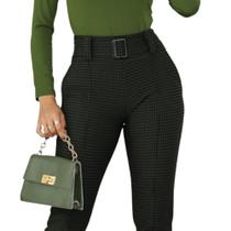 Calça Xadrez Feminina Skinny Cintura Alta com Cinto Estica e modela Jacquard P, M, G, GG