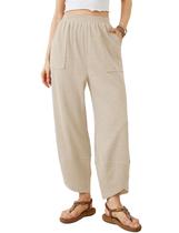 Calça Xiaoxuemeng Palazzo Pantalona de Cintura Elástica Bege Calça Xiaoxuemeng Palazzo Pantalona de Cintura Elástica Bege