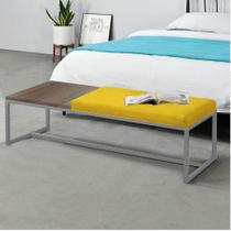 Calçadeira Recamier Londres 140cm Industrial Cinza Suede Amarelo Tampo Quadrado MDF Carvalho - Ahz Móveis