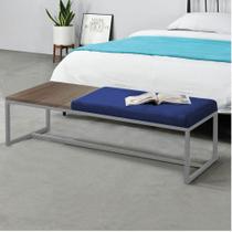 Calçadeira Recamier Londres 140cm Industrial Cinza Suede Azul Marinho Tampo Quadrado MDF Madeira - Ahz Móveis