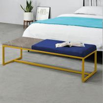 Calçadeira Recamier Londres 140cm Industrial Dourado Suede Azul Marinho Tampo Quadrado MDF Marmorizado - Ahz Móveis