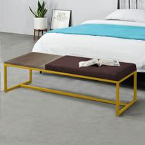 Calçadeira Recamier Londres 140cm Industrial Dourado Suede Marrom Tampo Quadrado MDF Nogal - Ahz Móveis