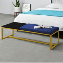 Calçadeira Recamier Londres 160cm Industrial Dourado Sintético Azul Marinho Tampo Quadrado MDF Preto - Ahz Móveis