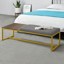 Calçadeira Recamier Londres 160cm Industrial Dourado Sintético Cinza Tampo Quadrado MDF Carvalho - Ahz Móveis