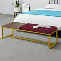 Calçadeira Recamier Londres 160cm Industrial Dourado Suede Bordô Tampo Quadrado MDF Nogal - Ahz Móveis