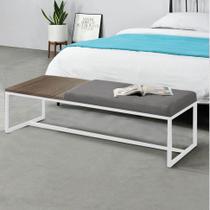 Calçadeira Recamier Londres 195cm Industrial Branco Suede Cinza Tampo Quadrado MDF Caramelo - Ahz Móveis