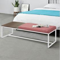 Calçadeira Recamier Londres 195cm Industrial Branco Suede Rose Tampo Quadrado MDF Nogal - Ahz Móveis