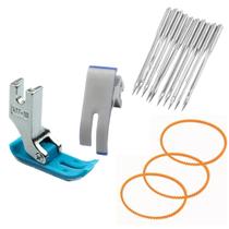 Calcador teflon + 10 agulhas butterfly 11/75 + kit 3 correias overloque - fox