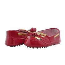 Calçados Sapatinho de Bebê - Mocassim Feminimo - Bicho de Pé - Sintético/Verniz Sola Borracha - Vermelho e Ouro