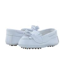 Calçados Sapatinho de Bebê - Mocassim Masculino - Bicho de Pé- Sintético Branco com Sola de Pião Caramelo