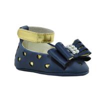 Calçados Sapatinho de Bebê - Sapatilha Feminina c/ Laço, Pérola e Strass - Bicho de Pé - Sintético - Azul Marinho e Ouro Calçados Sapatinho de Bebê - Sapatilha Feminina c/ Laço, Pérola e Strass - Bicho de Pé - Sintético - Azul Marinho e Ouro
