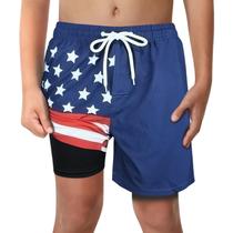 Calção de banho para meninos de 4 de julho com forro de cueca boxer, antiatrito, sem malha, forrado de compressão, 4 vias, elástico, UPF, tamanho 8, bandeira americana