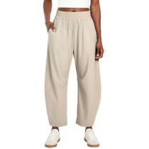 Calças Barrel Yioaga, folgadas, pernas largas, cintura elástica, feminina, cáqui