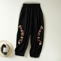 Calças Bloomers Femininas - Cintura Alta, Comprimento Tornozelo, Bordado e Elástico