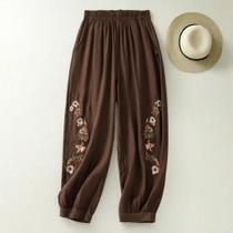 Calças Bloomers Femininas - Cintura Alta, Comprimento Tornozelo, Bordado e Elástico