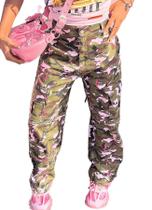 Calças Camo Cargo femininas 3G, rosa, cintura alta, perna reta