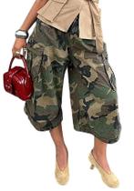 Calças camufladas femininas, pernas largas, cintura alta, tamanho grande, verde militar
