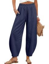 Calças Capri bronzeadas femininas de alta elasticidade, cintura larga, perna larga, azul marinho