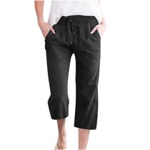 Calças Capri de verão para mulheres plus size 3x-4x com cordão preto Calças Capri de verão para mulheres plus size 3x-4x com cordão preto