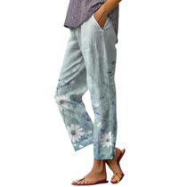 Calças capri HOTYD Boho com estampa floral para mulheres azuis 3GG