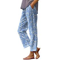 Calças Capri HOTYD Boho com estampa floral para mulheres, azul, tamanho L Calças Capri HOTYD Boho com estampa floral para mulheres, azul, tamanho L