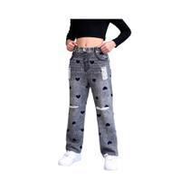 Calças Capri Infantis Modernas Em Jeans Sintético Cinza Vintage Desgastado Com Corte Reto Solto E