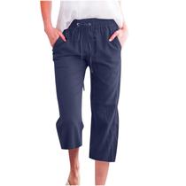 Calças Capri plus size para mulheres 3x-4x com cordão de linho marinho Calças Capri plus size para mulheres 3x-4x com cordão de linho marinho