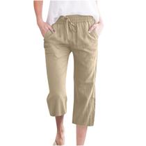 Calças Capris femininas de algodão e linho, soltas de verão, C06, cáqui Calças Capris femininas de algodão e linho, soltas de verão, C06, cáqui