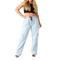 Calças Cargo Feminina Jeans Larga Skatista Bolso Lateral Calças Cargo Feminina Jeans Larga Skatista Bolso Lateral