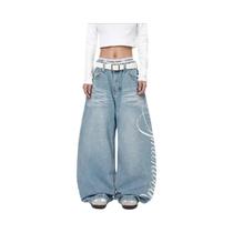 Calças Cargo Femininas De Cintura Alta Com Pernas Largas, Jeans Estampados Retro Soltos Para O