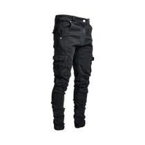 Calças Cargo Jeans Slim Fit Masculinas Com Cintura Média, Múltiplos Bolsos, Casual, Lavadas, Em