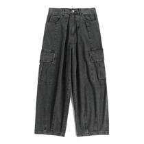 Calças Cargo Masculinas Baggy Oversize Coreanas Pretas De Denim Largas E Retas Hip Hop Harajuku