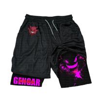 Calças Casuais De Algodão Com Estampa De Pokémon Gengar Preto E Roxo Com Patch De Pokebola Rosa E