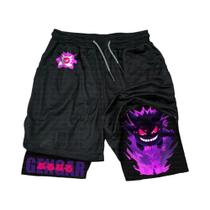 Calças Casuais De Algodão Com Estampa De Pokémon Gengar Preto E Roxo Com Patch De Pokebola Rosa E