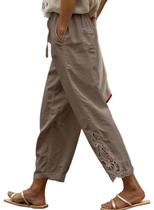 Calças casuais de linho Acelitt para mulheres, primavera, verão, cáqui Calças casuais de linho Acelitt para mulheres, primavera, verão, cáqui