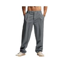 Calças Casuais De Linho Para Homens Primavera Outono Finas Listradas Com Zíper Corte Reto