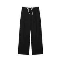 Calças Casuais Femininas De Primavera Com Pernas Largas, Costura Dupla Na Cintura, Cordão E Cintura