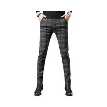 Calças Casuais Slim Fit Em Xadrez Cinza Azul E Preto Para Homens, Estilo Coreano, Elásticas E Calças Casuais Slim Fit Em Xadrez Cinza Azul E Preto Para Homens, Estilo Coreano, Elásticas E