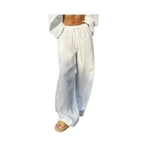Calças De Cintura Alta Com Cordão E Pernas Largas Para Mulheres Em Algodão E Linho, Ajuste Solto,