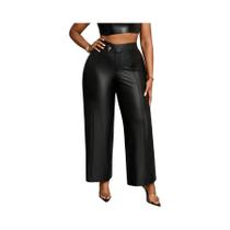 Calças De Couro PU Pretas plus Size De Perna Larga Com Cintura Alta E Botões, Calças Longas Que Calças De Couro PU Pretas plus Size De Perna Larga Com Cintura Alta E Botões, Calças Longas Que