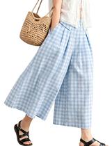 Calças de culottes de pernas largas Hooever Gingham Check Blue para mulheres Calças de culottes de pernas largas Hooever Gingham Check Blue para mulheres